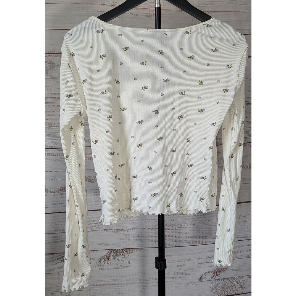 Forever 21 Ditsy Floral Crop Top White Lace Trim V-Neck Ribbed Y2K Cottagecore L - Picture 5 of 13